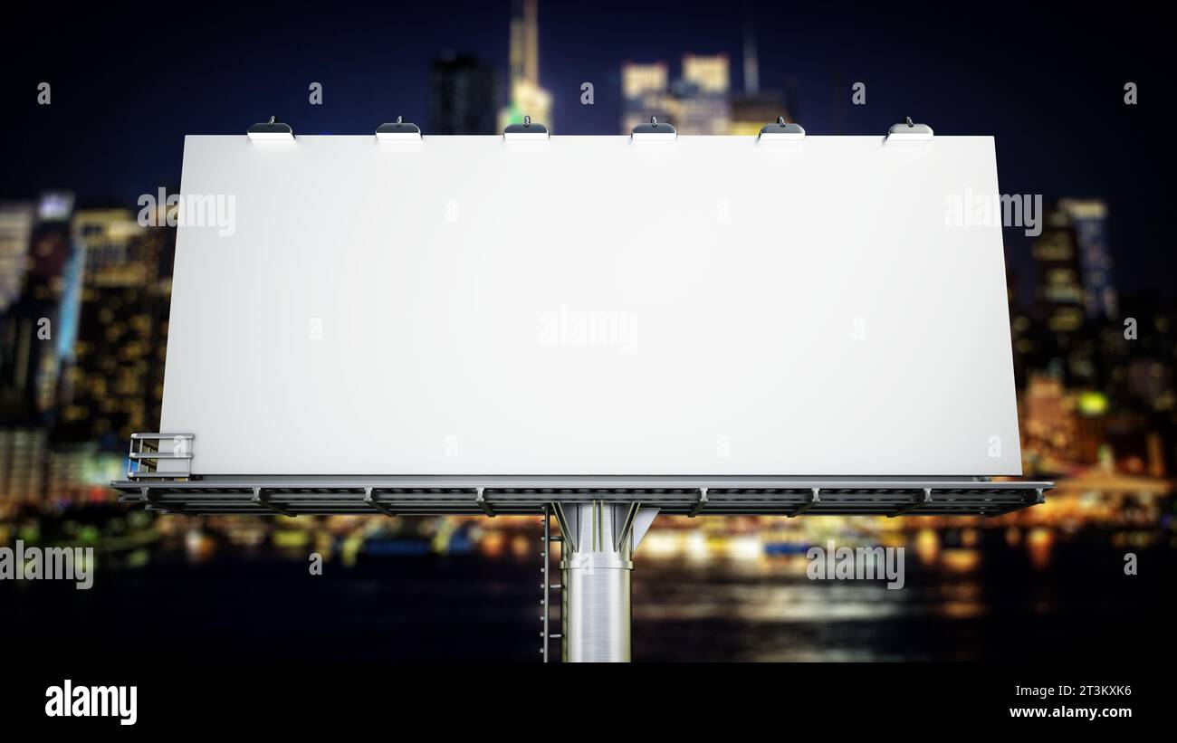 Blank outdoor billboard on a metal post against city background. 3D ...