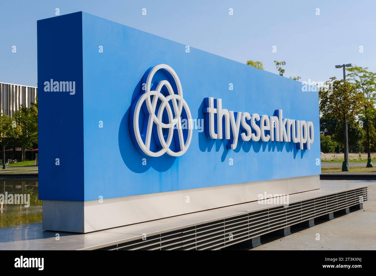 Sign with Logo Thyssenkrupp, Headquarters, Ruhr tech kampus Essen, Stock Photo