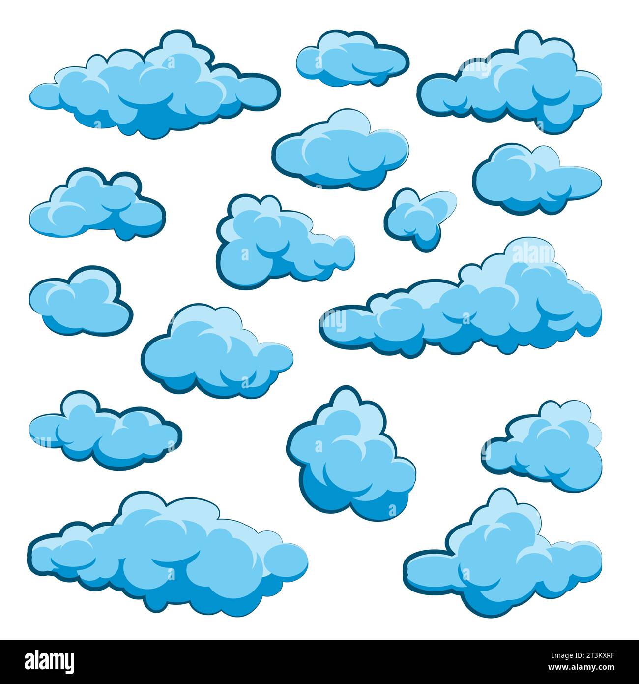 Painted cartoon clouds on blue background. Simple hand drawn round