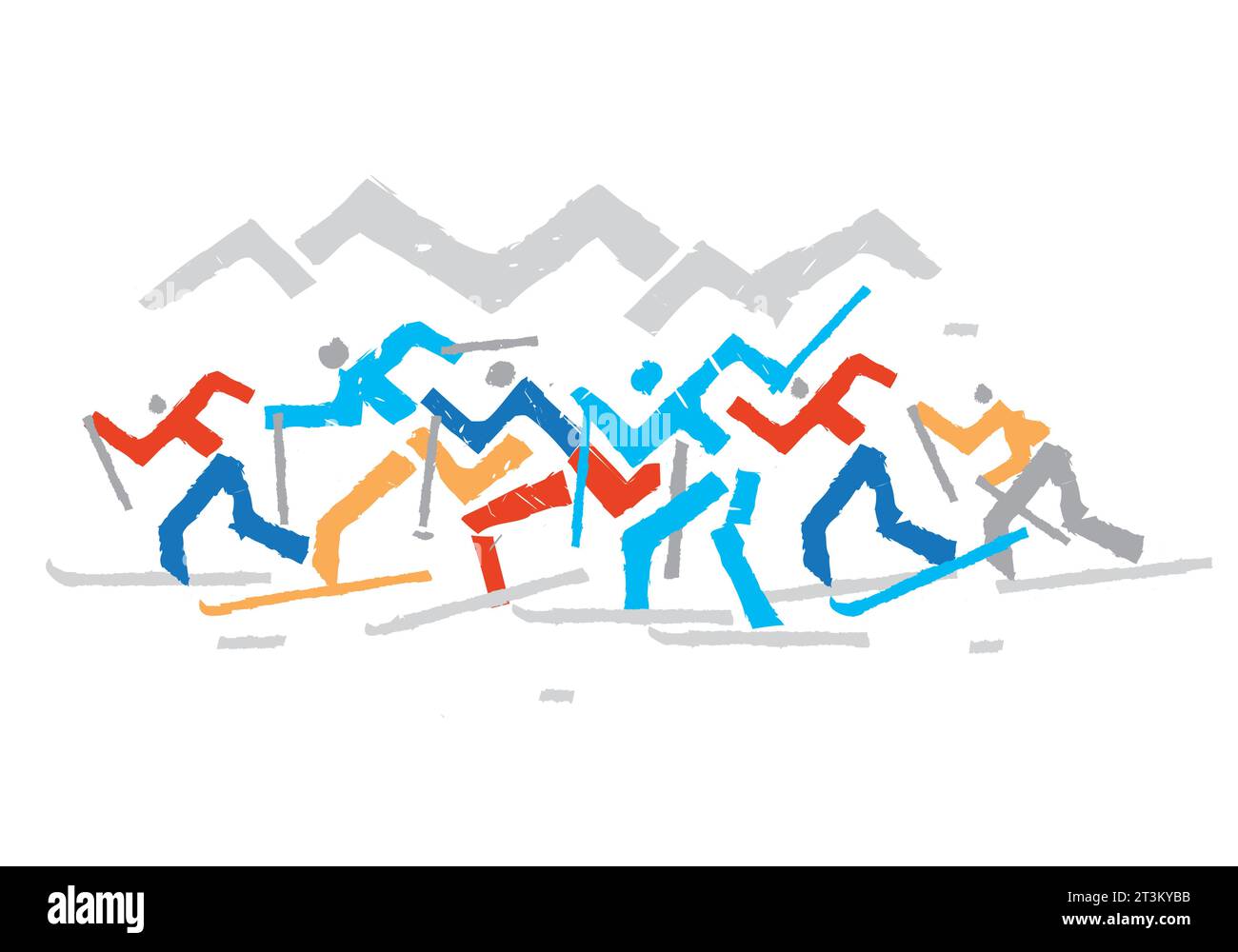 Cross Country Skiers, competition. A expressive drawing of group of