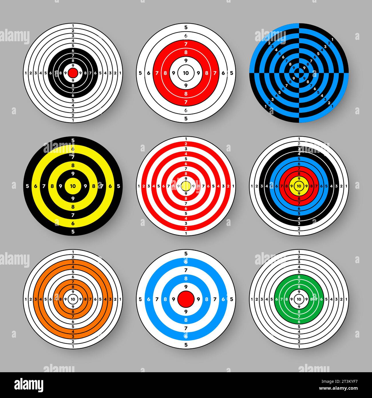 Shooting range paper targets. Round target with divisions, marks and numbers. Archery, gun shooting practise and training, sport competition and Stock Vector