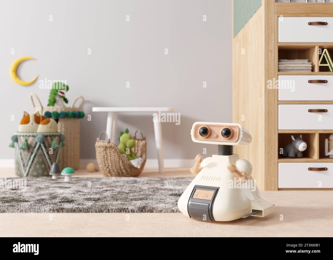 Cute robot at home, in kids room. Artificial intelligence for education, digital technology. Robotics, sci-fi. Technological progress. Robots for Stock Photo