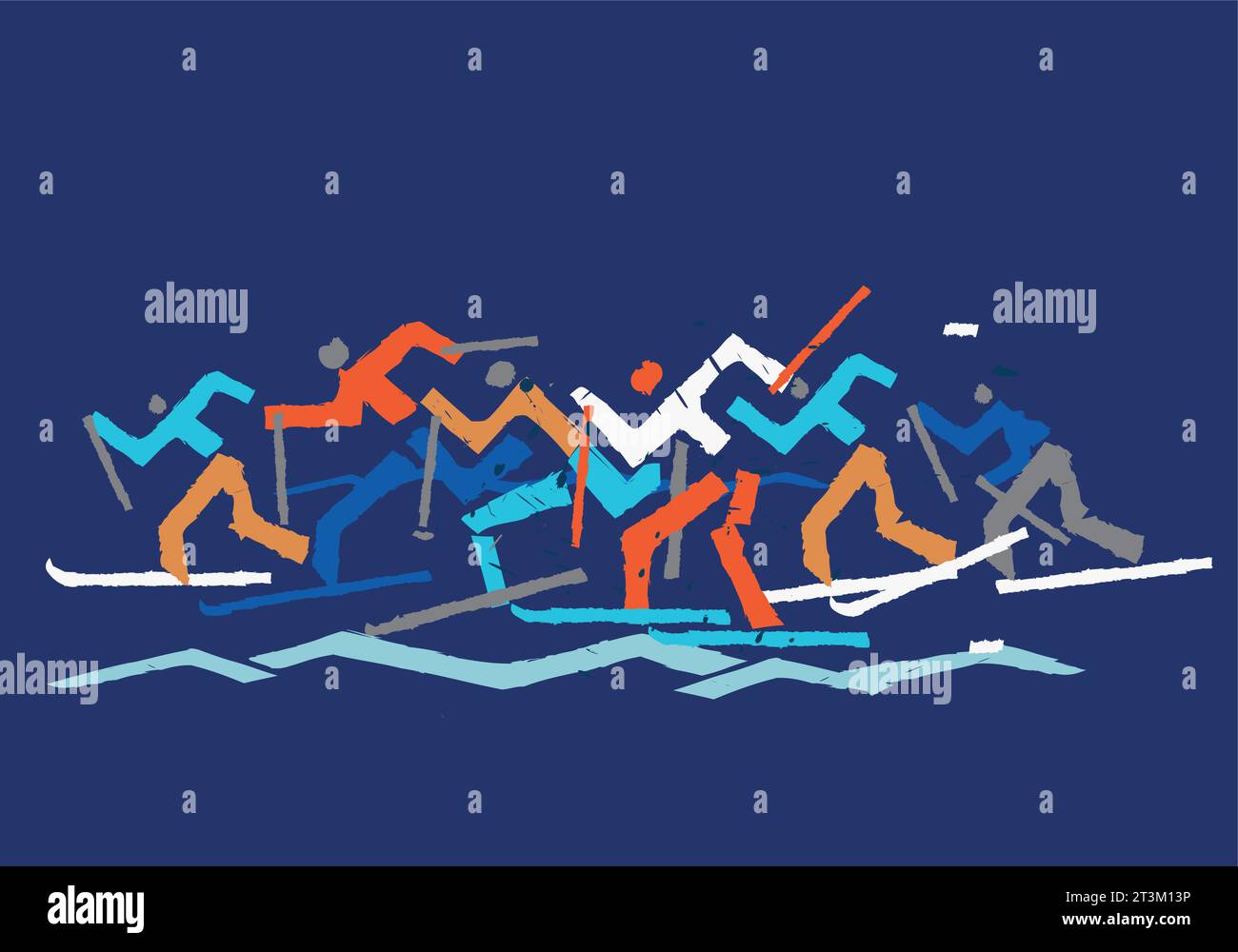 Cross Country Skiers, competition. A expressive drawing of group of cross-country ski competitors on blue background. Vector available Stock Vector