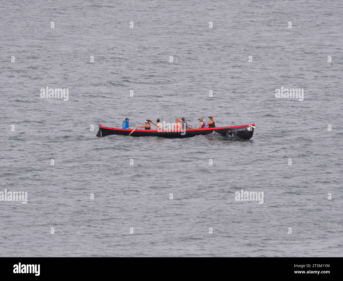 Seven people sitting in red rowing boat rowing across the sea Stock