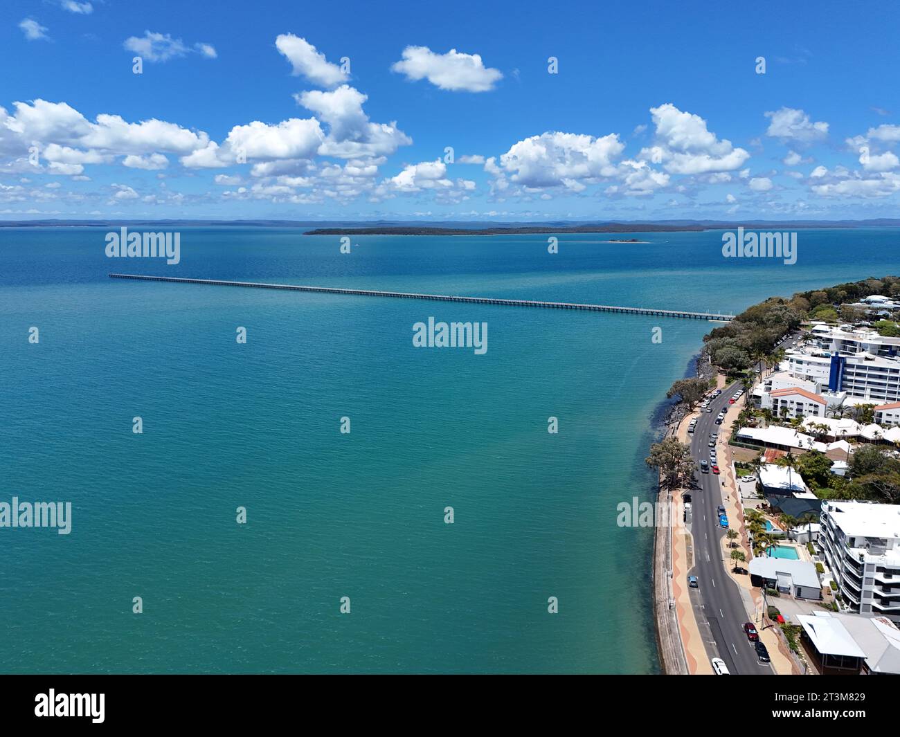 An aerial view of Urangan Pier at Hervey Bay, Queensland, Australia