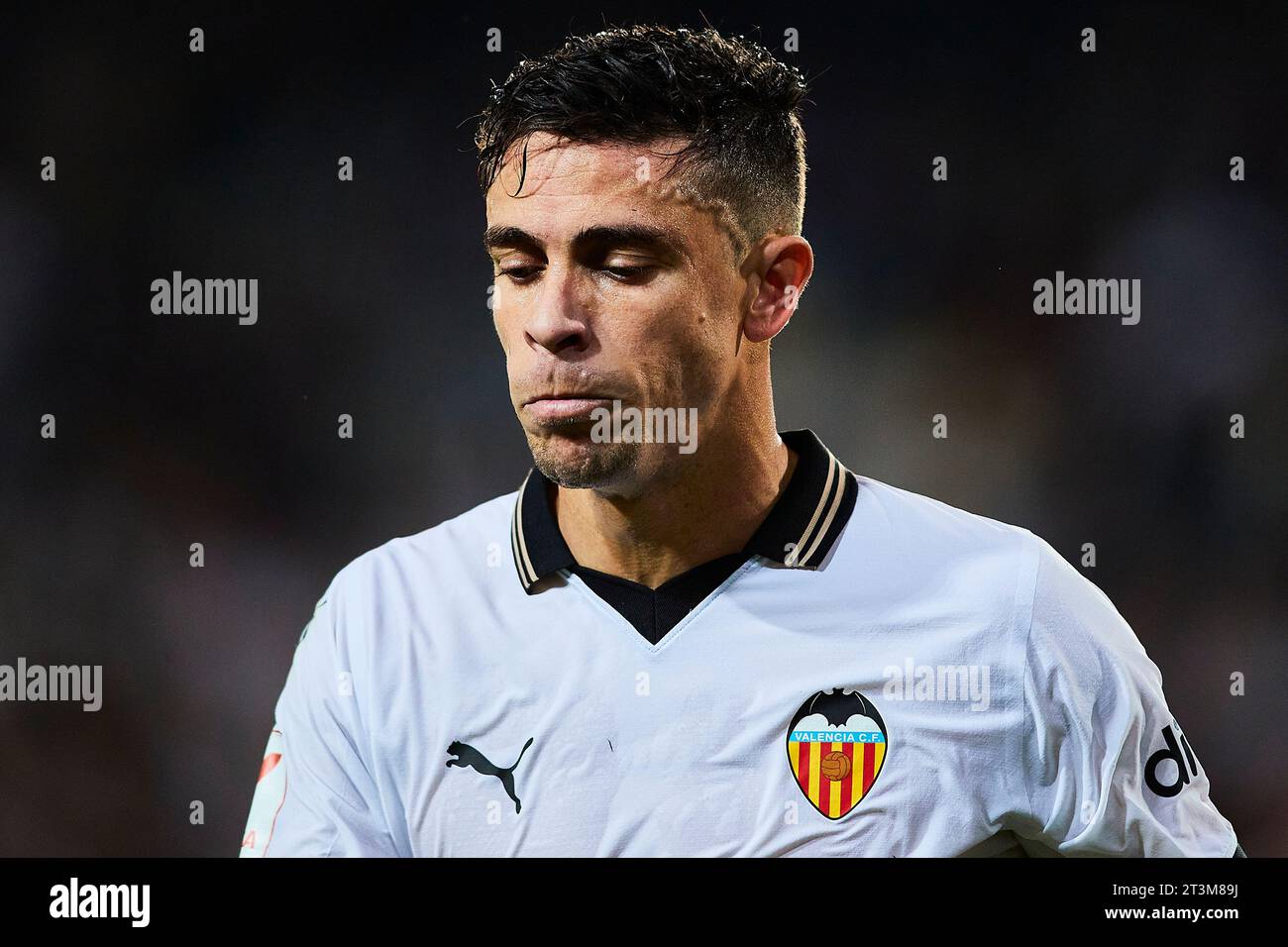 Gabriel Paulista of Valencia CF reacts  during the LaLiga EA Sports match between Valencia CF and Cadiz CF at Estadio Mestalla on October 23, 2023 in Stock Photo