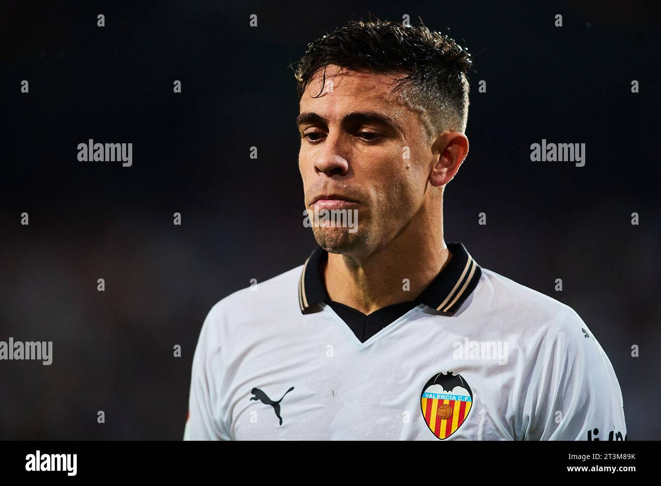 Gabriel Paulista of Valencia CF reacts  during the LaLiga EA Sports match between Valencia CF and Cadiz CF at Estadio Mestalla on October 23, 2023 in Stock Photo