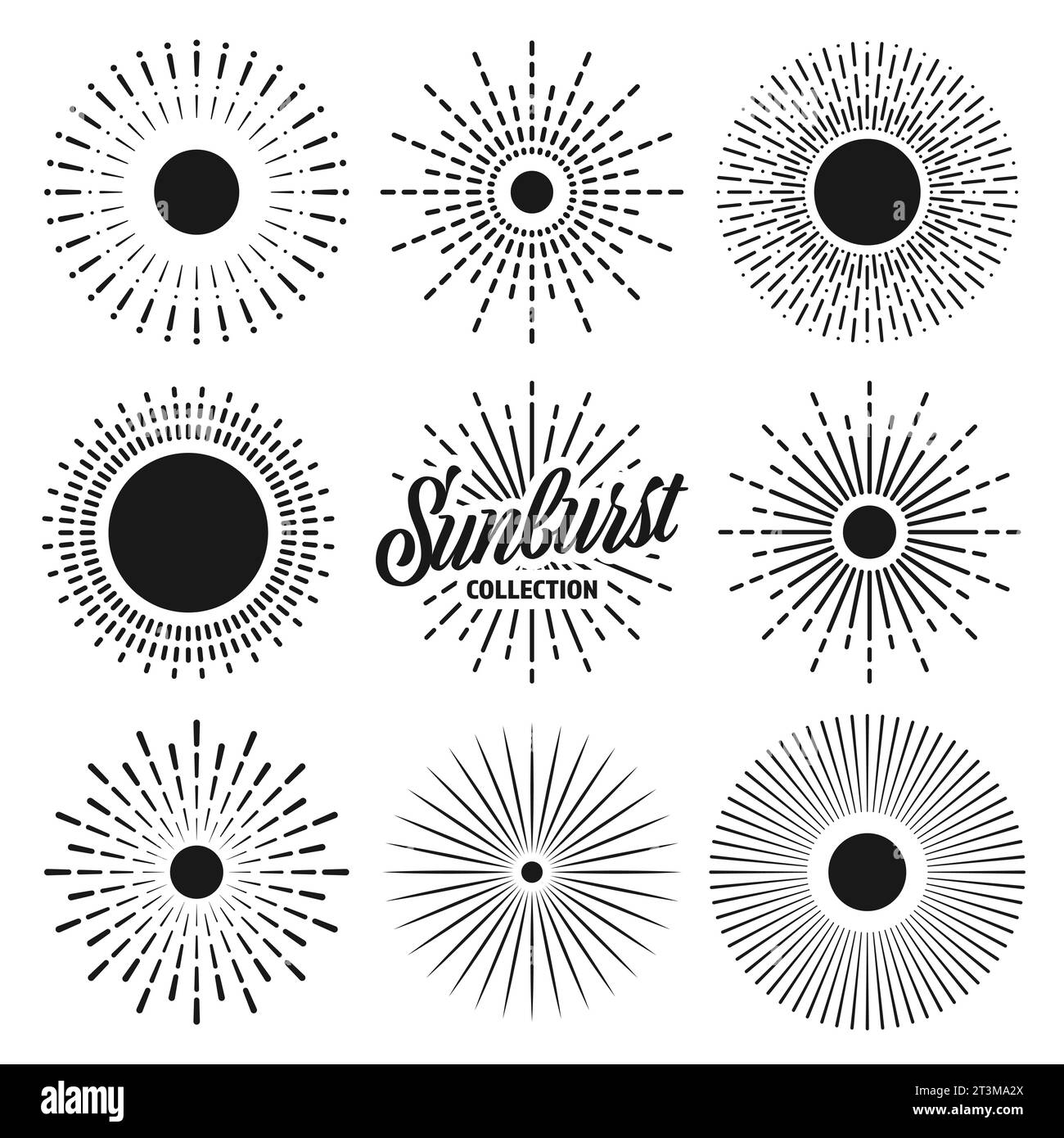 Vintage sunburst, sunset beams collection. Hand drawn bursting sun, light rays. Logotype or lettering design element in retro style. Vector Stock Vector