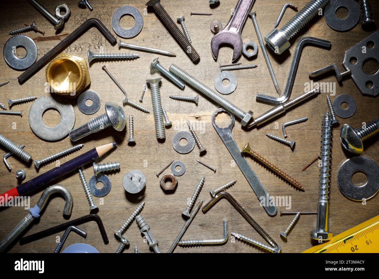 Different accessories for homework on a wooden table Stock Photo