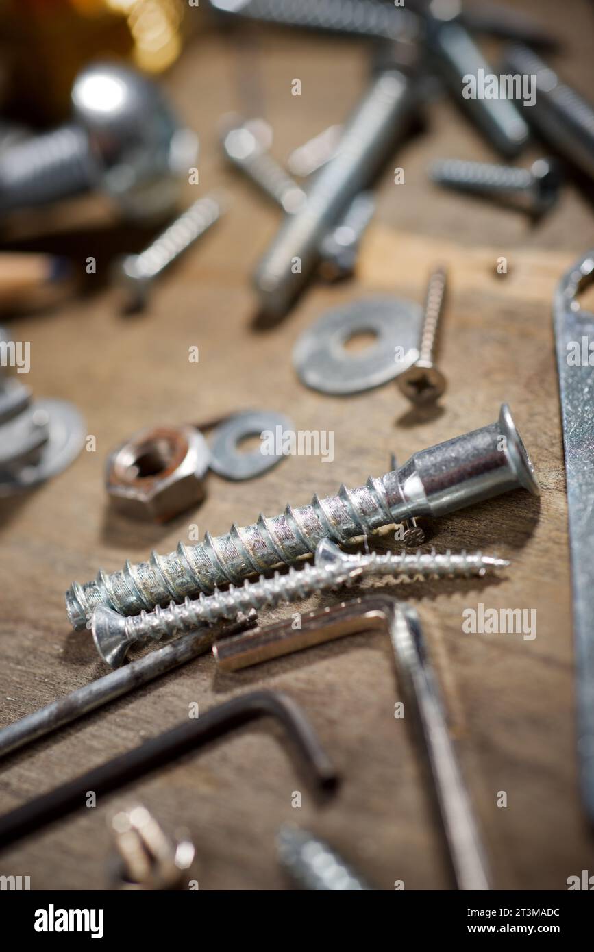 Different accessories for homework on a wooden table Stock Photo