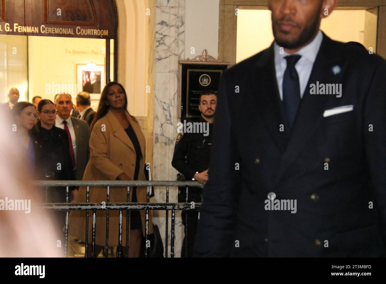 New York Supreme Court, 60 Centre St, New York, NY 10007 USA. Oct 25, 2023. New York AG Leticia James (D) leaves a New York Courtroom, after the conclusion of former attorney Michael Cohen’s testimony delivered at the ongoing trial for civil fraud that threatens Donald Trump’s Manhattan business empire -- an action that Trump has characterized as “election interference” based on “testimony by a proven liar”. Credit: ©Julia Mineeva/EGBN TV News/Alamy Live News Stock Photo