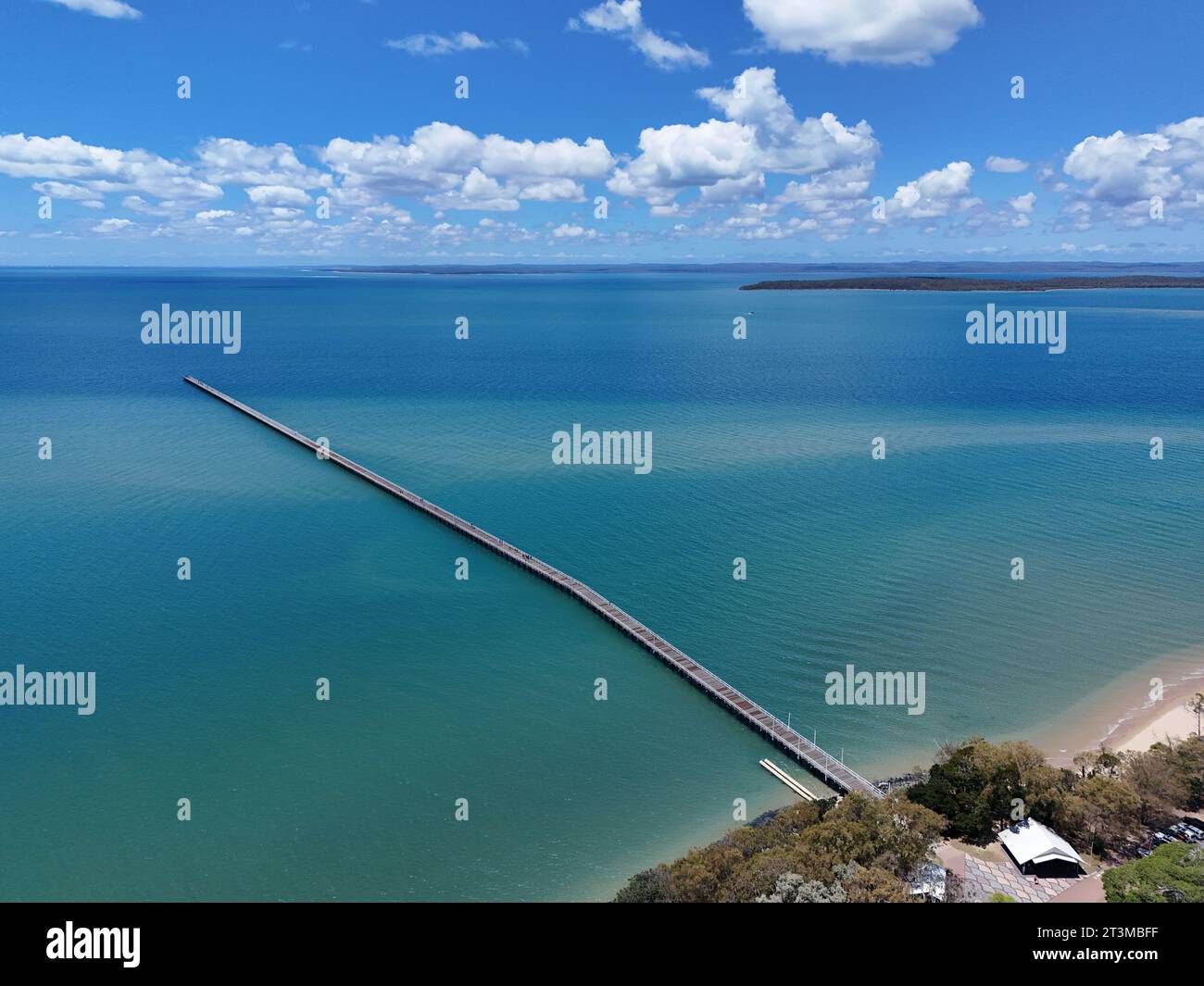 An aerial view of Urangan Pier at Hervey Bay, Queensland, Australia
