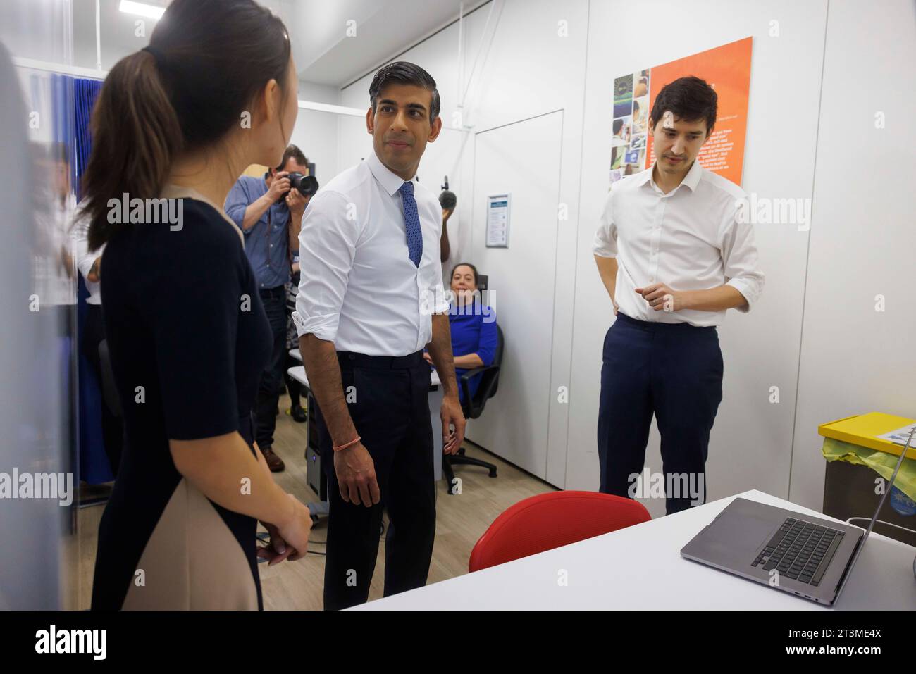 Prime Minister Rishi Sunak tours Moorfields Eye Hospital where he is shown a retinal scan procedure being performed and how Artificial Intelligence (A Stock Photo