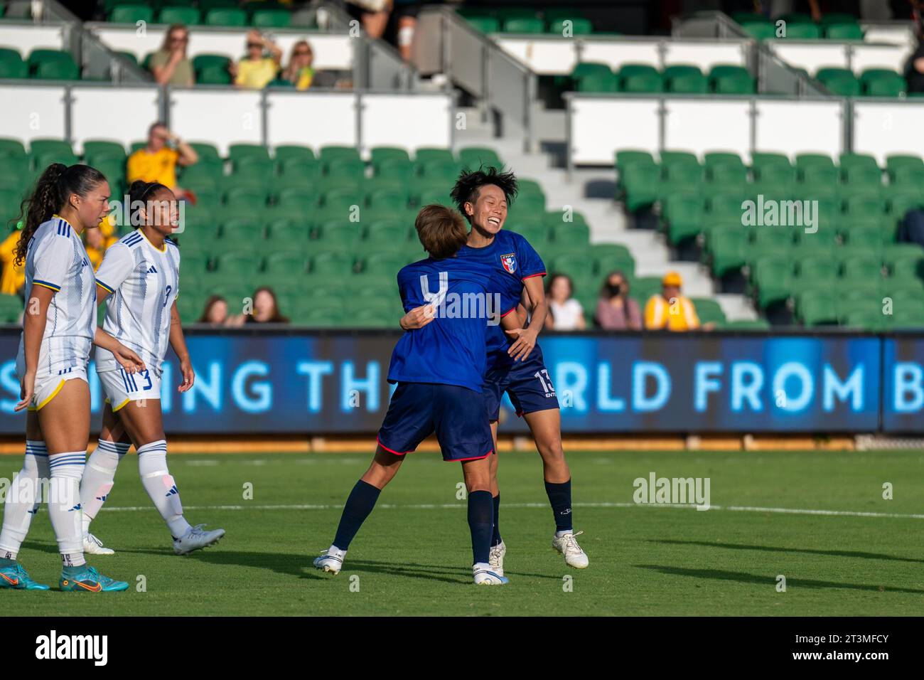 Perth, Australia. 26th Oct, 2023. Perth, Australia, October 26th 2023: Hsu Yi-Yun (9 Chinese Taipei) and Su Yu-Hsuan (13 Chinese Taipei) celebrate their teams first goal during the AFC Womens Olympic Qualifying Tournament Round 2 game between Chinese Taipei and the Philippines at Perth Rectangular Stadium in Perth, Australia (Noe Llamas/SPP) Credit: SPP Sport Press Photo. /Alamy Live News Stock Photo
