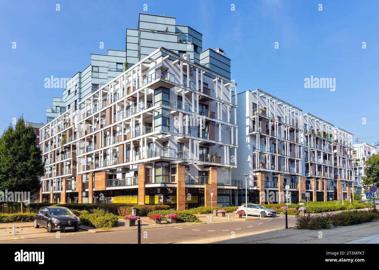 Warsaw, Poland - July 25, 2021: Modern residential apartment buildings at Zaryna street in Mokotow residential district of Warsaw Stock Photo