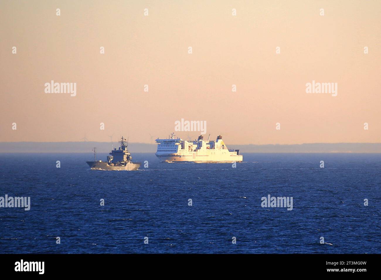 Big ferry and tender on fairway in the Baltic Sea. Stock Photo