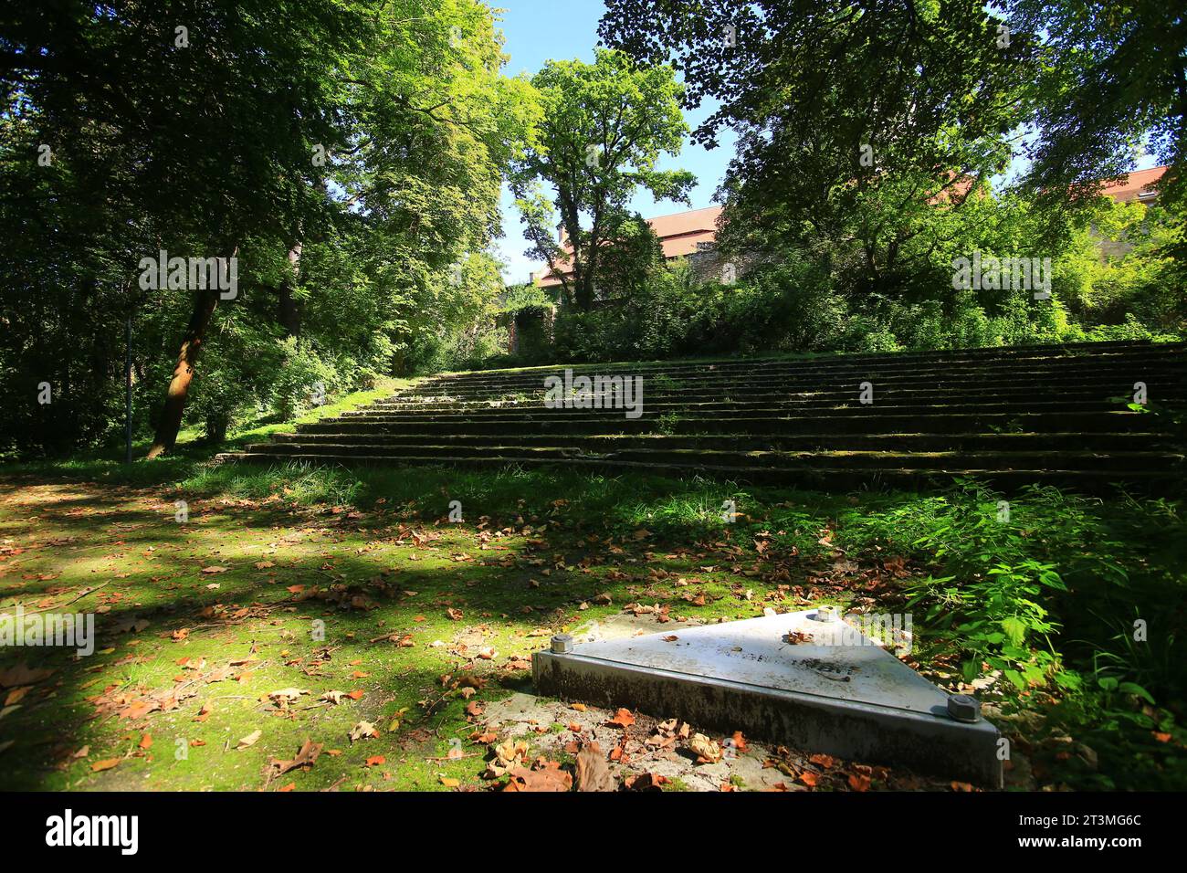 Desolate concrete rows of former open air theatre in Wanzleben, Germany. Stock Photo