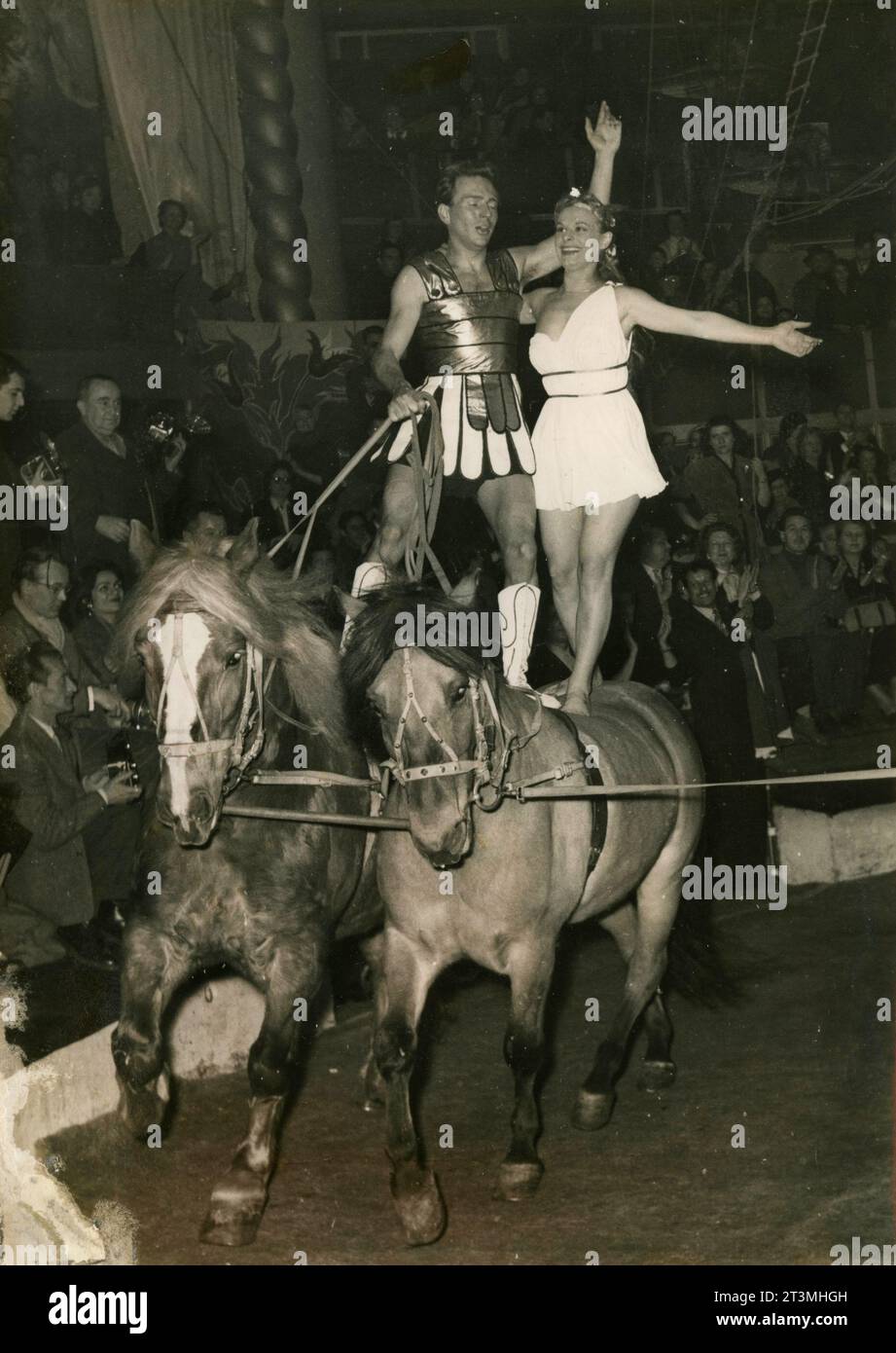 French circus artists Michel Francois and Christiane Muller during a horse show, France 1955 Stock Photo