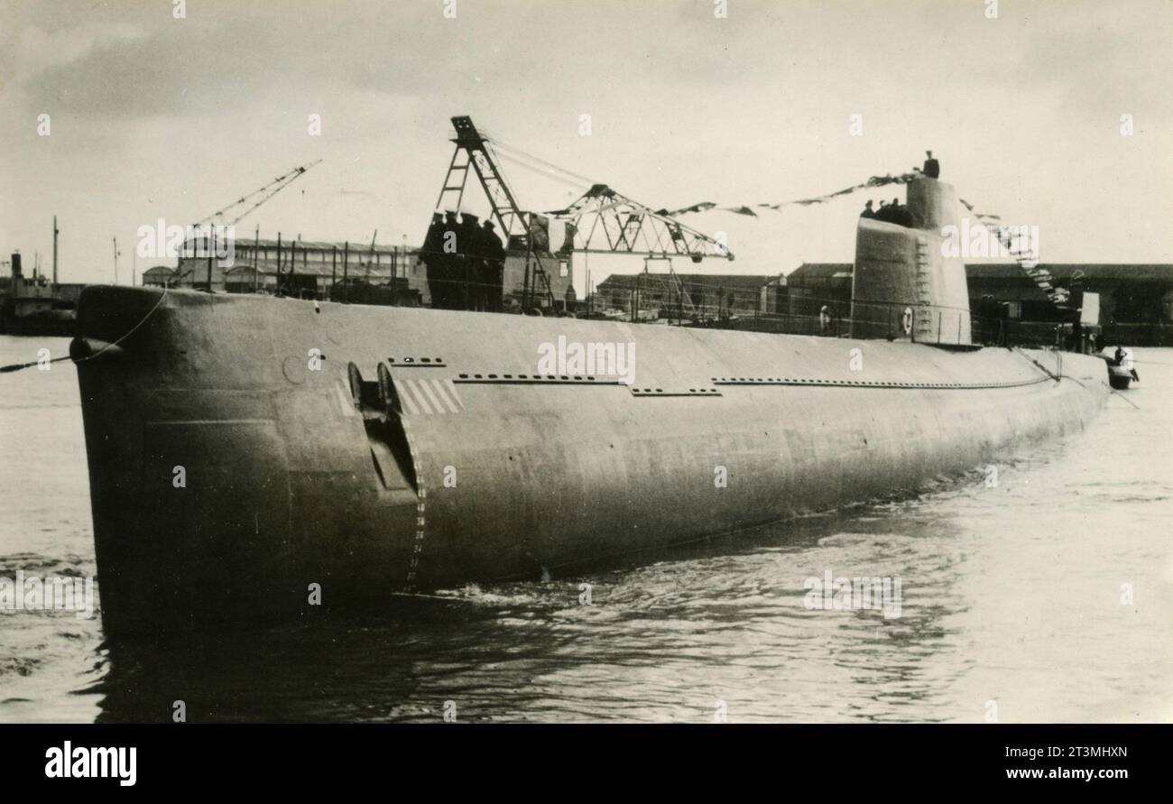 French Navy Submersible Marsouin, Narval Class, Cherbourg, France 1955 Stock Photo