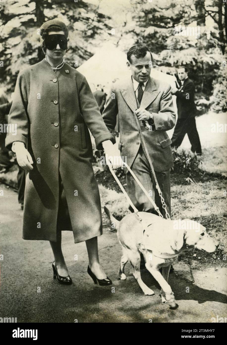 English Princess Alexandra of Kent trying a guide dog for blind people, 1955 Stock Photo