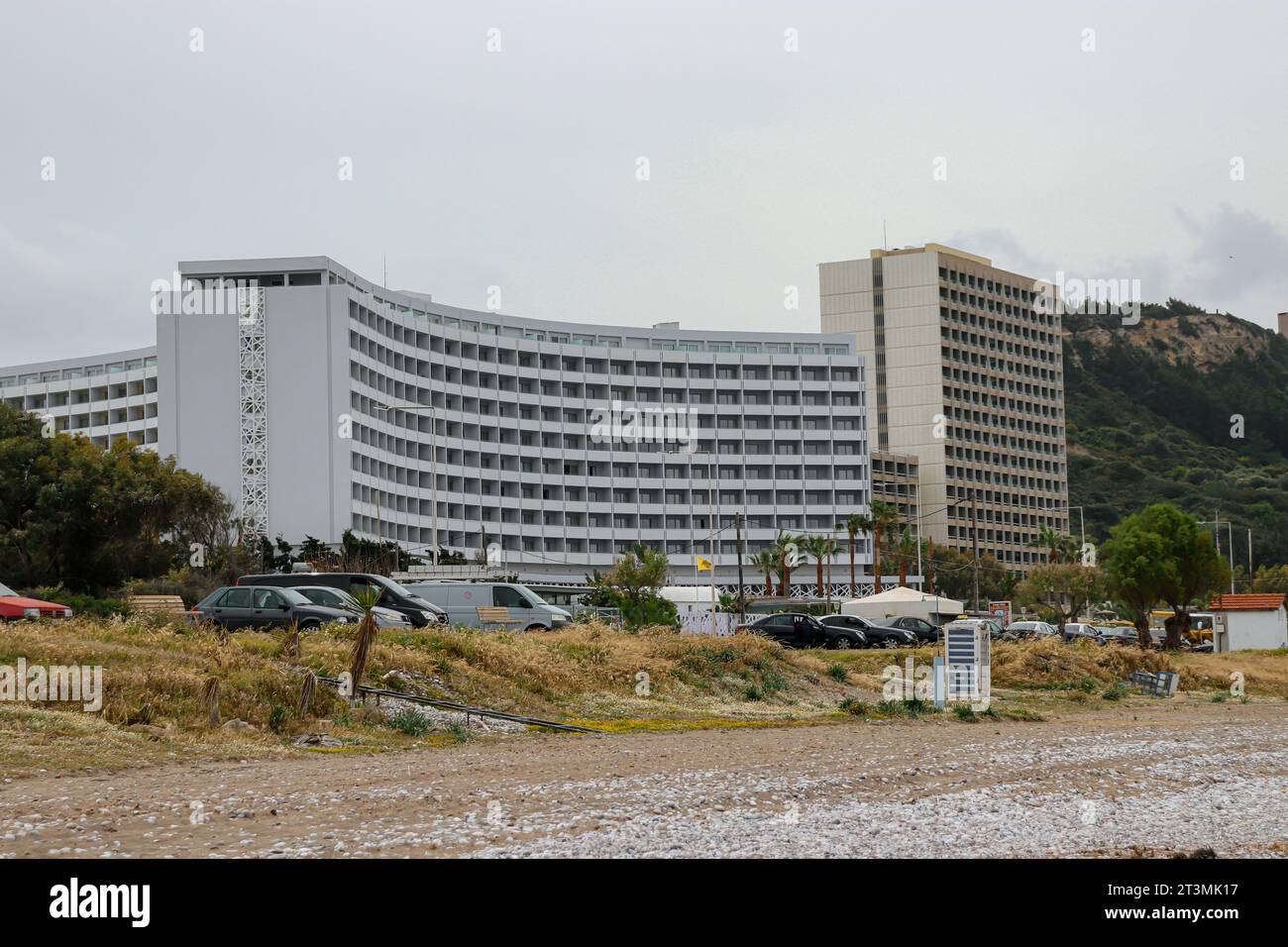 Cosmopolitan by Melia, an all-inclusive hotel built in the shape of an amphitheatre located at the prime location on the coast of Ixia, Rhodes Island Stock Photo