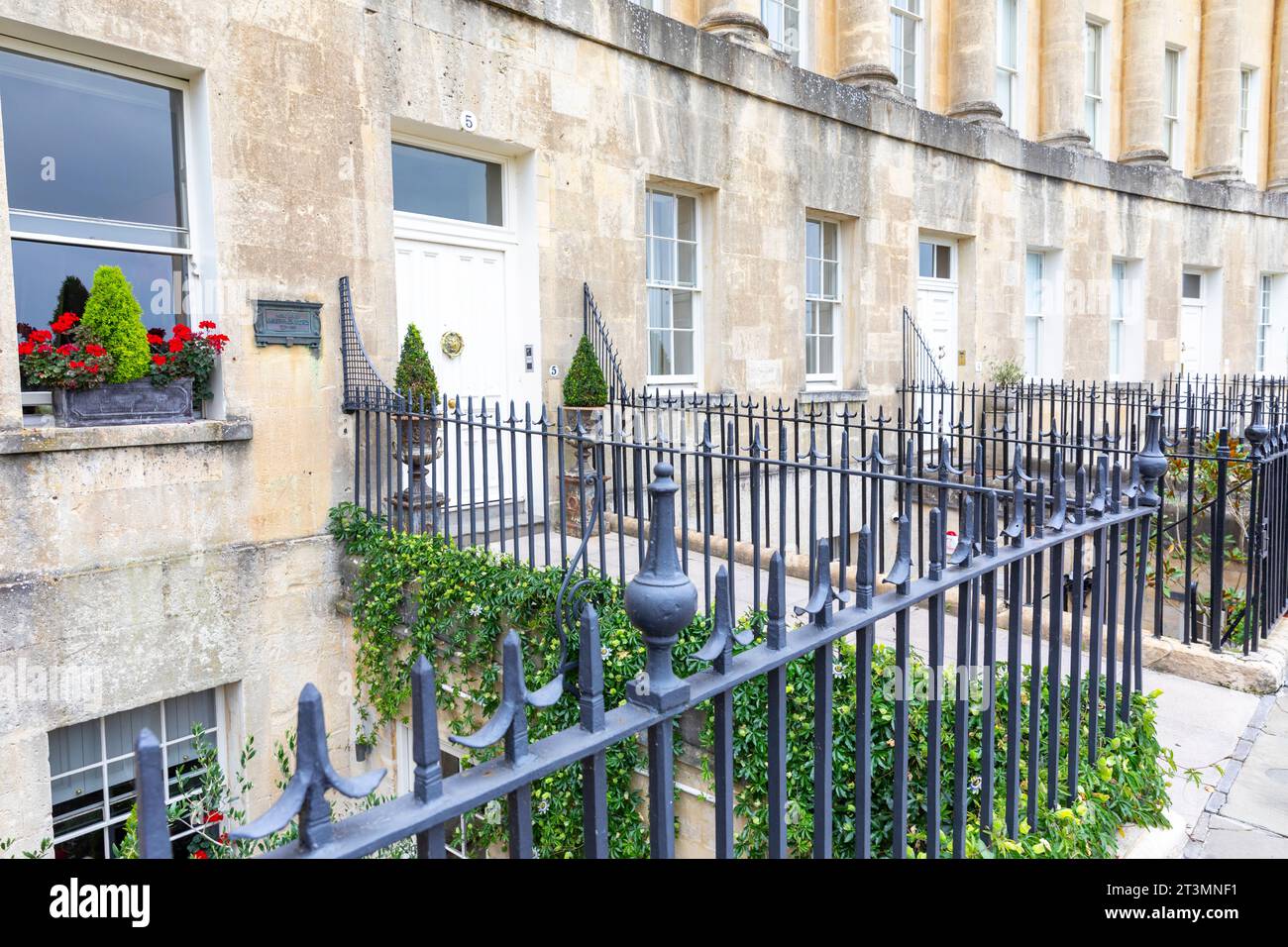 Royal Crescent Bath, terraced house with ivy growing and red plants in window baskets,Somerset,England,UK,2023 Stock Photo