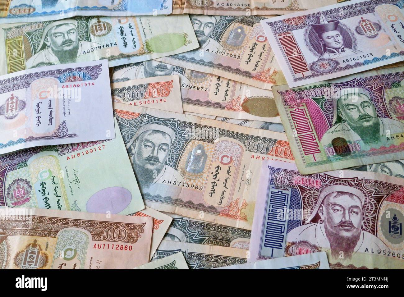 Stack of Mongolian Tögrög banknotes as background. Stock Photo