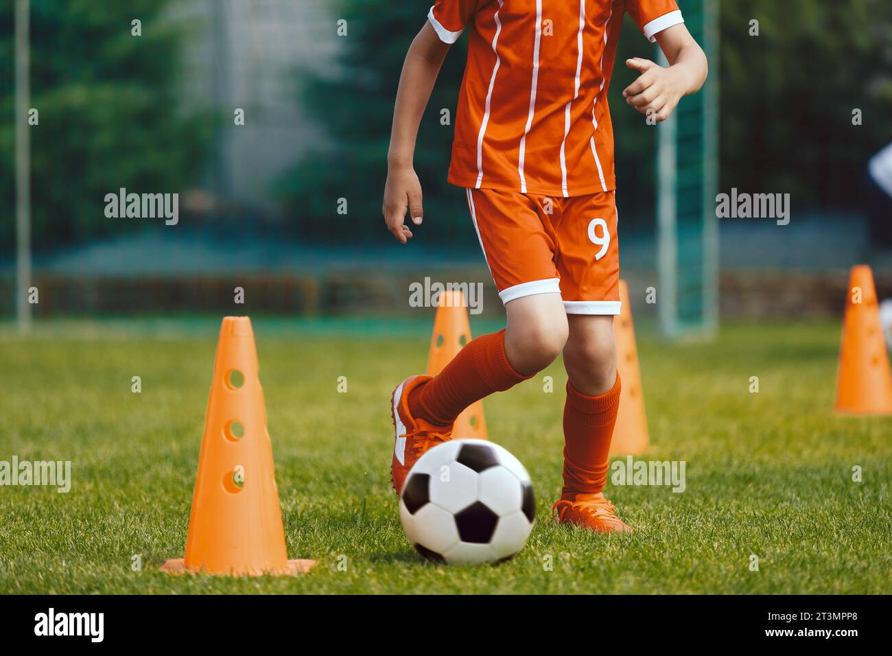 Children practicing dribbling at soccer pitch. Young boy running soccer ball in slalom drill between training cones Stock Photo