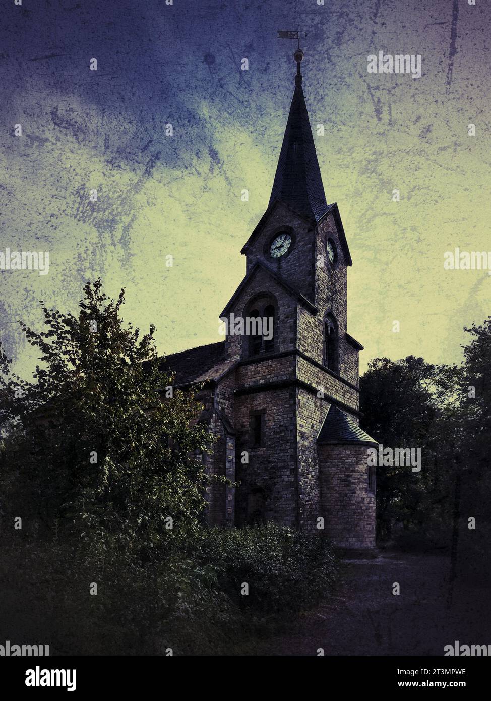 Grungy vintage shot of village church in Schleibnitz, Germany. Stock Photo