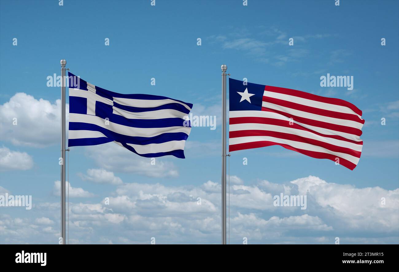 Liberia and Greece flags waving together in the wind on blue cloudy sky, two country relationship concept Stock Photo