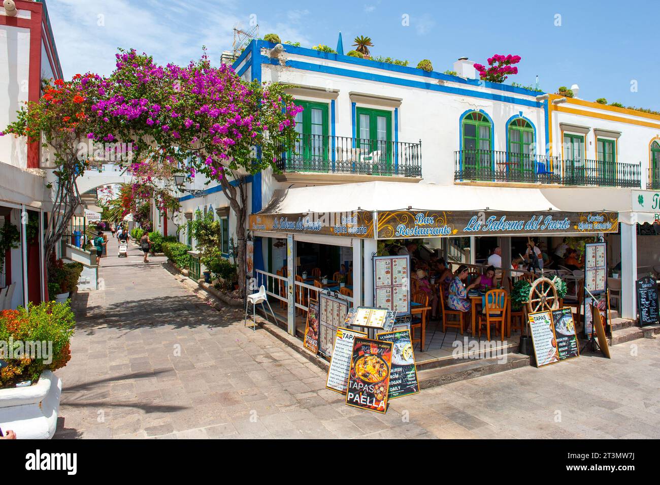 GRAN CANARIA, SPAIN - JUL 31, 2023: Romantic restaurant in the town Playa de Mogan on Canary Island Gran Canaria Stock Photo