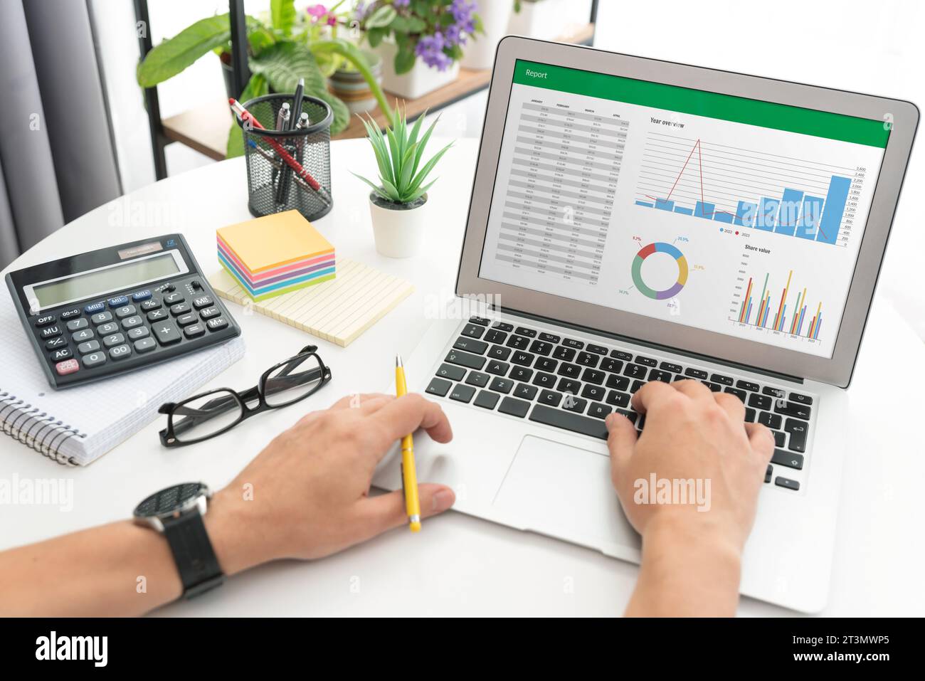 Analyzing data for marketing plan. Business analytics, spreadsheet app on laptop Stock Photo