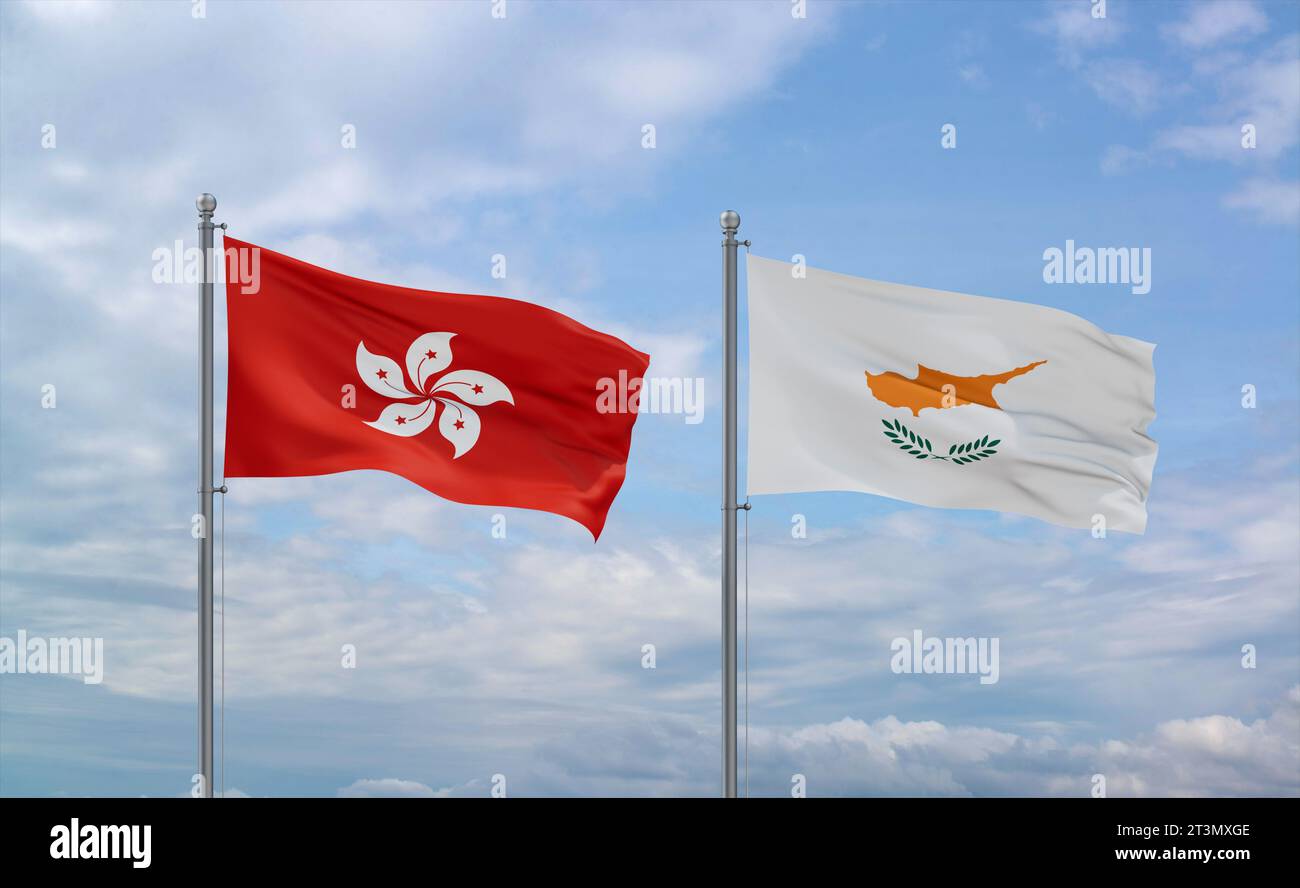 Cyprus And Hong Kong Flags Waving Together On Blue Cloudy Sky Two Country Relationship Concept 1566