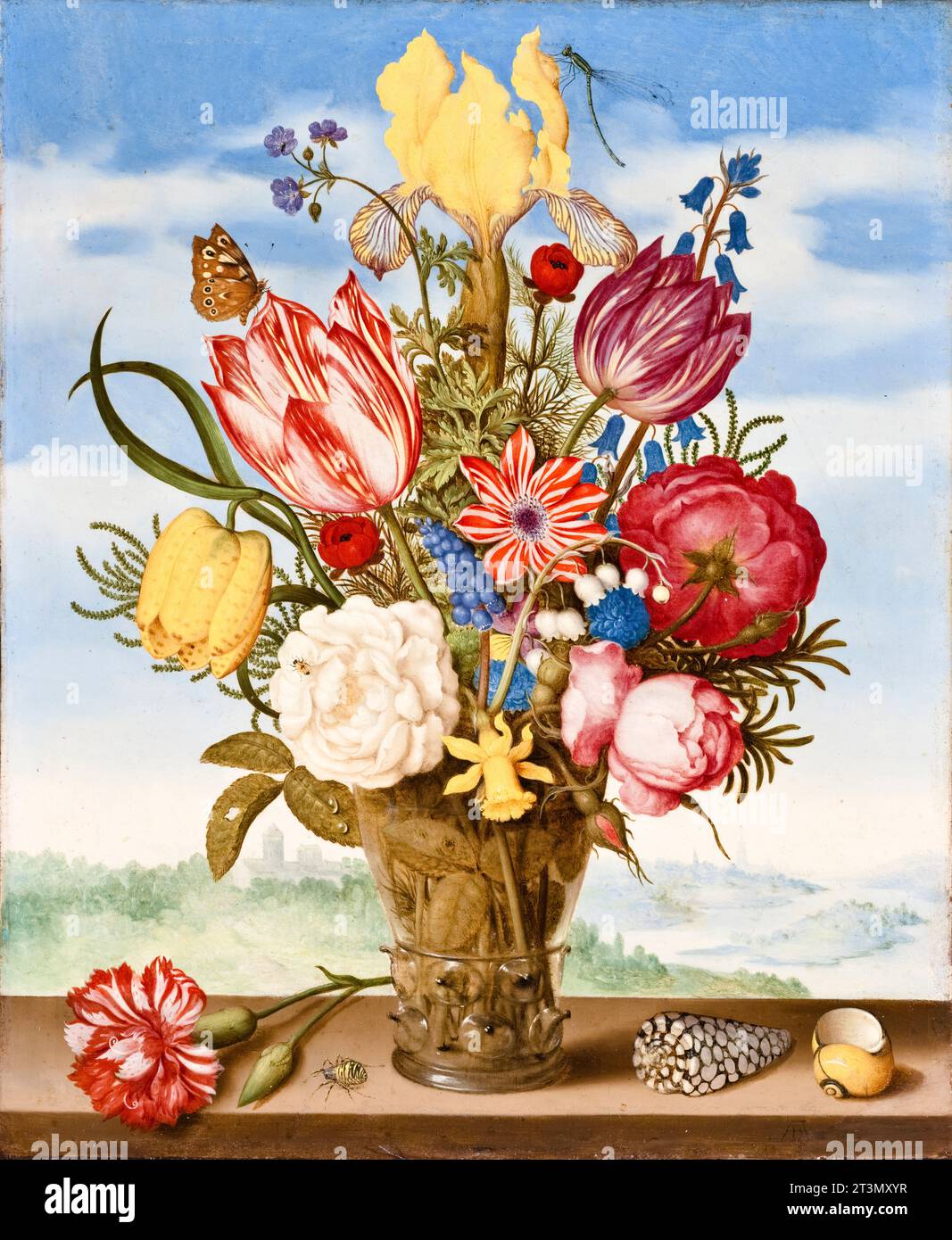 Ambrosius Bosschaert, Bouquet of Flowers on a Ledge, still life painting in oil on copper, 1619 Stock Photo