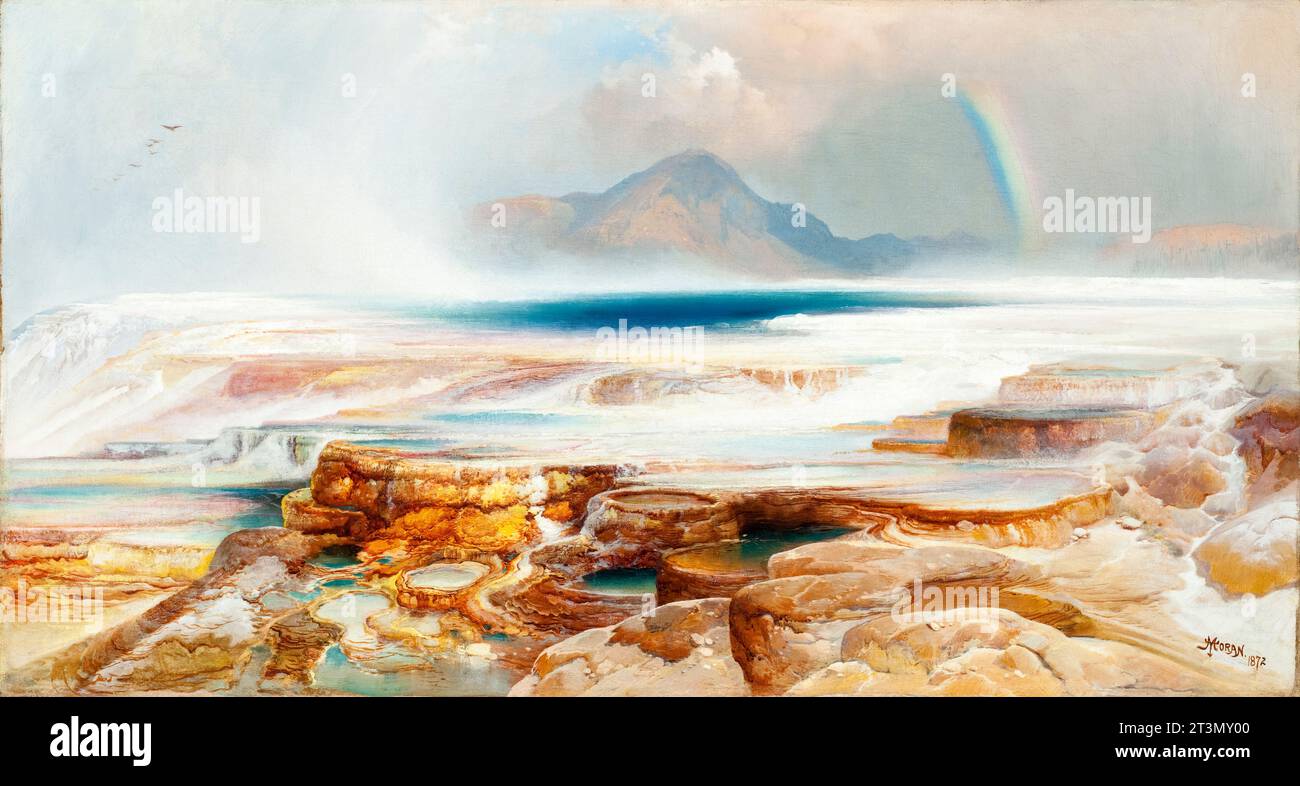 Thomas Moran, Hot Springs of the Yellowstone, landscape painting in oil ...