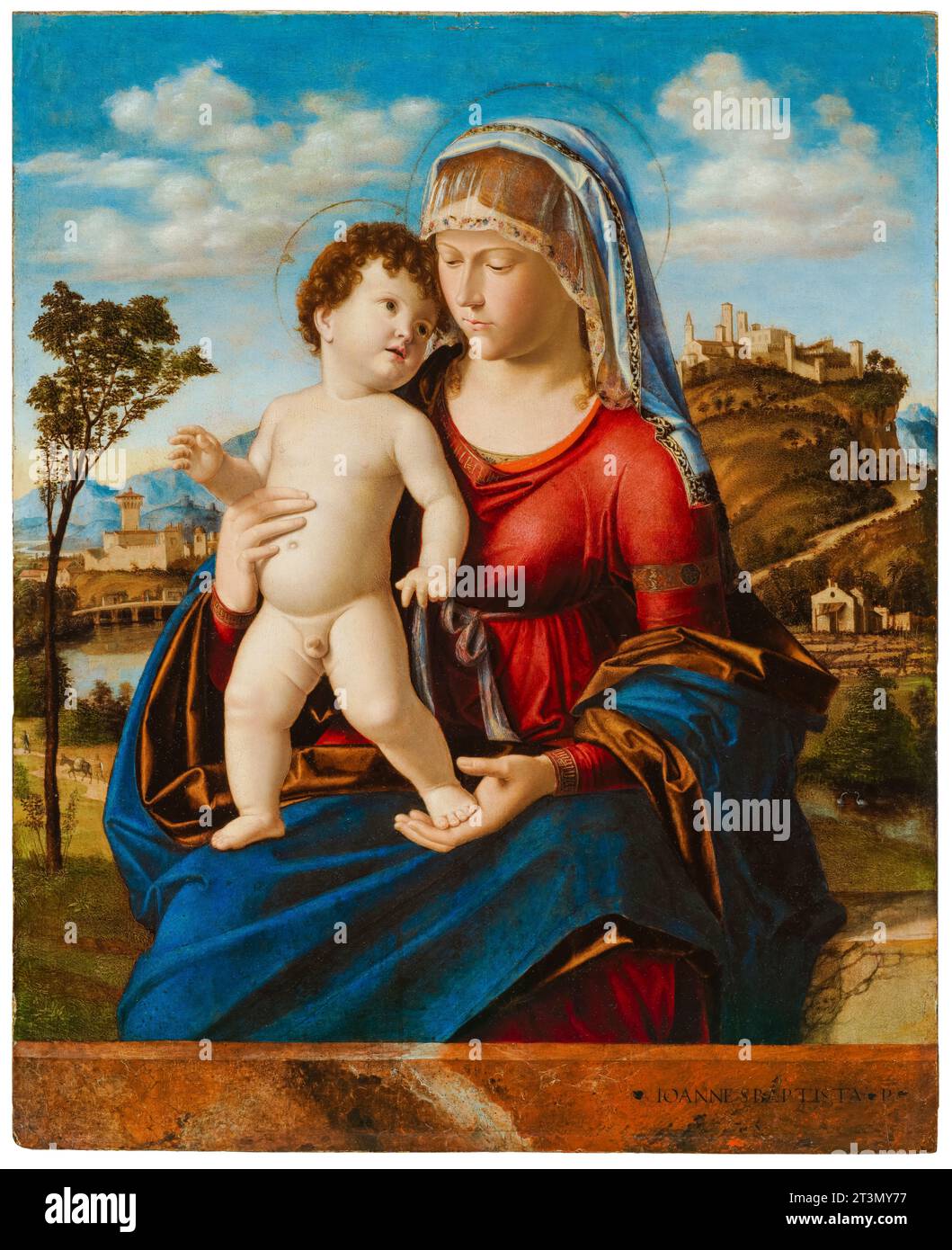 Giovanni Battista Cima called Cima da Conegliano, Madonna and Child in a Landscape, painting in oil on panel, 1496-1499 Stock Photo