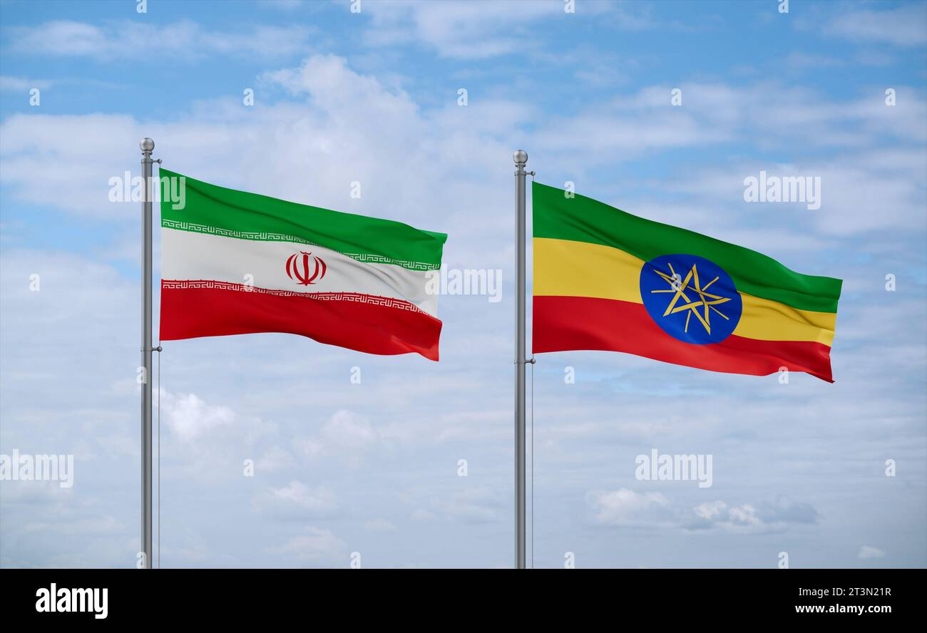 Ethiopia and Iran flags waving together on blue cloudy sky, two country ...