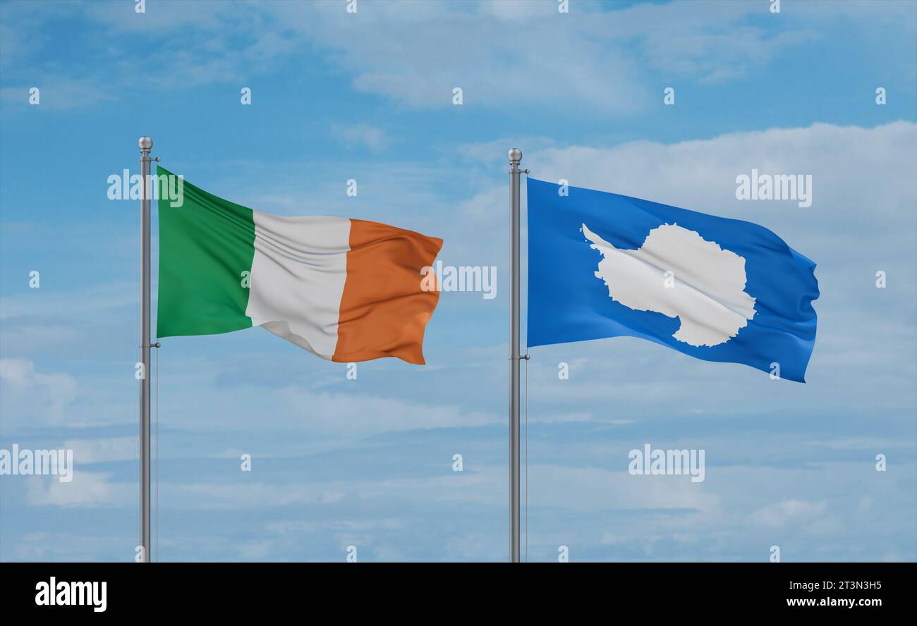 Ireland and Antarctica flags waving together in the wind on blue cloudy ...