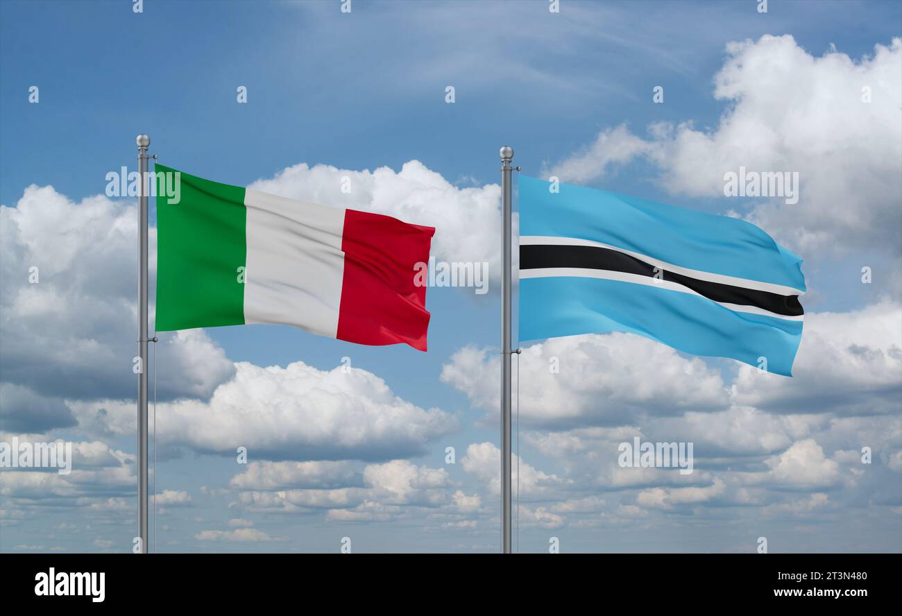 Botswana and Italy flags waving together on blue cloudy sky, two ...
