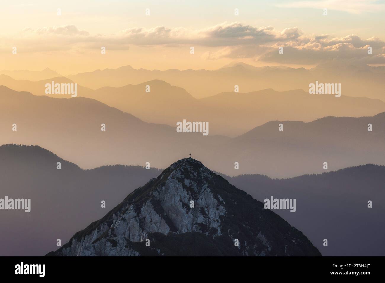 Sunset from Mangart saddle looking into Italy, Mangart Pass, Triglav National Park, Julian Alps, Slovenia Stock Photo