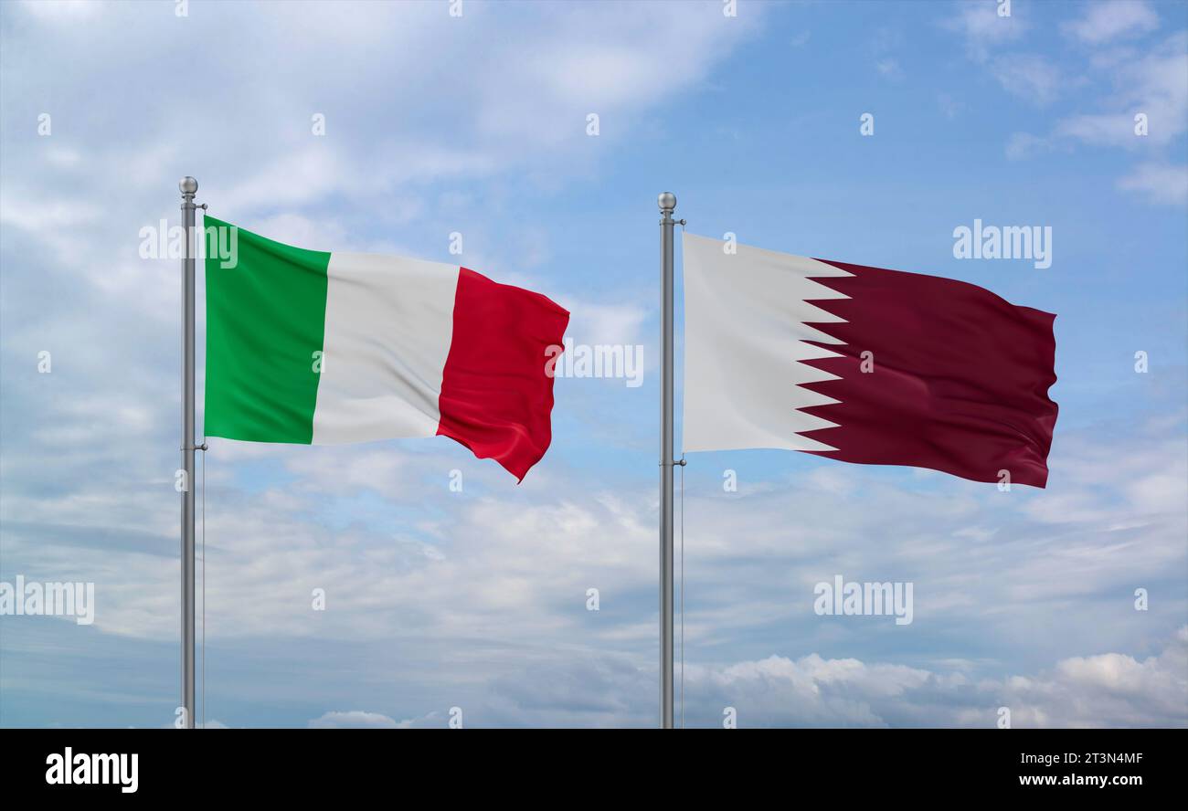 Qatar and Italy flags waving together in the wind on blue cloudy sky ...
