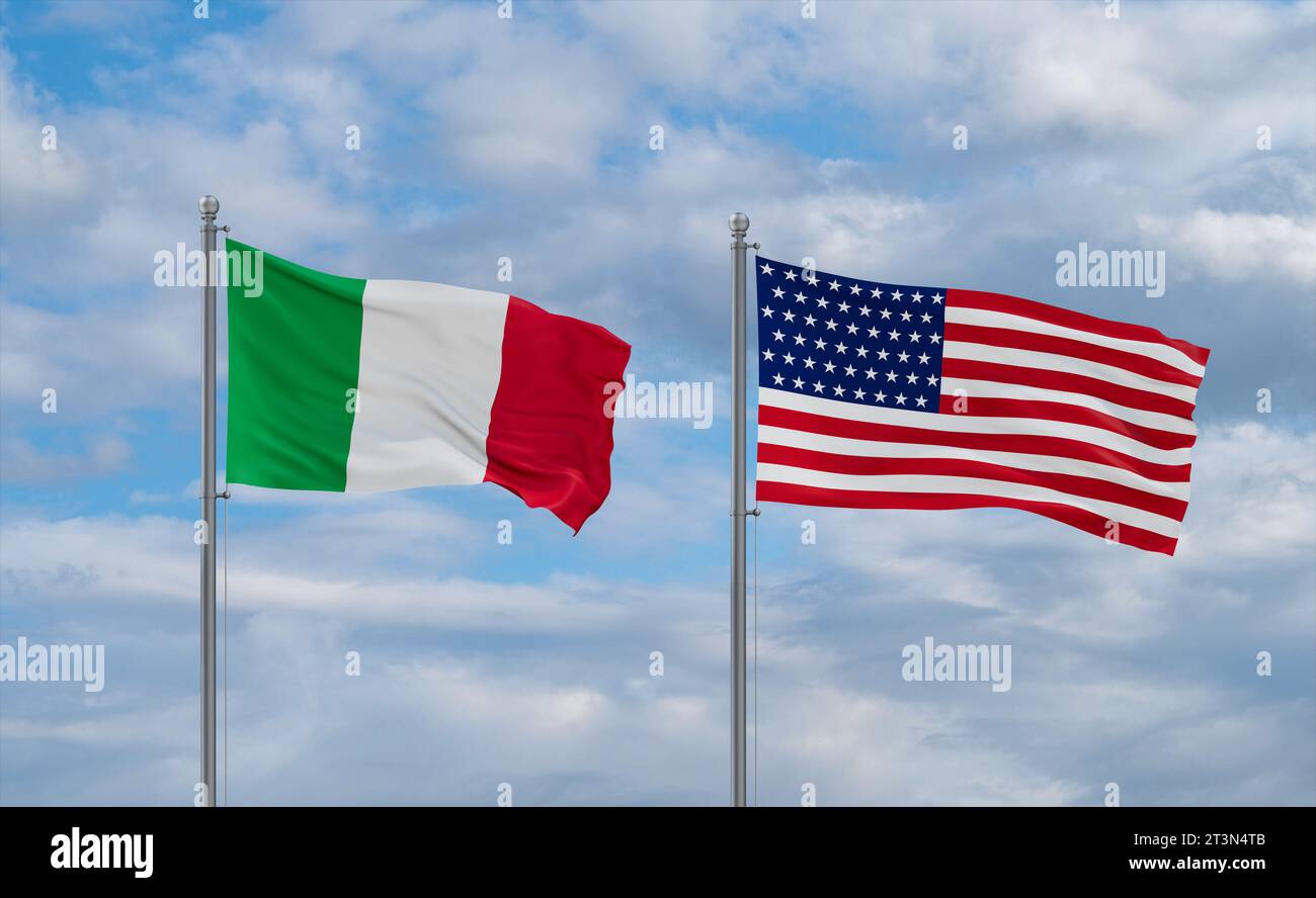 USA and Italy flags waving together in the wind on blue cloudy sky, two ...