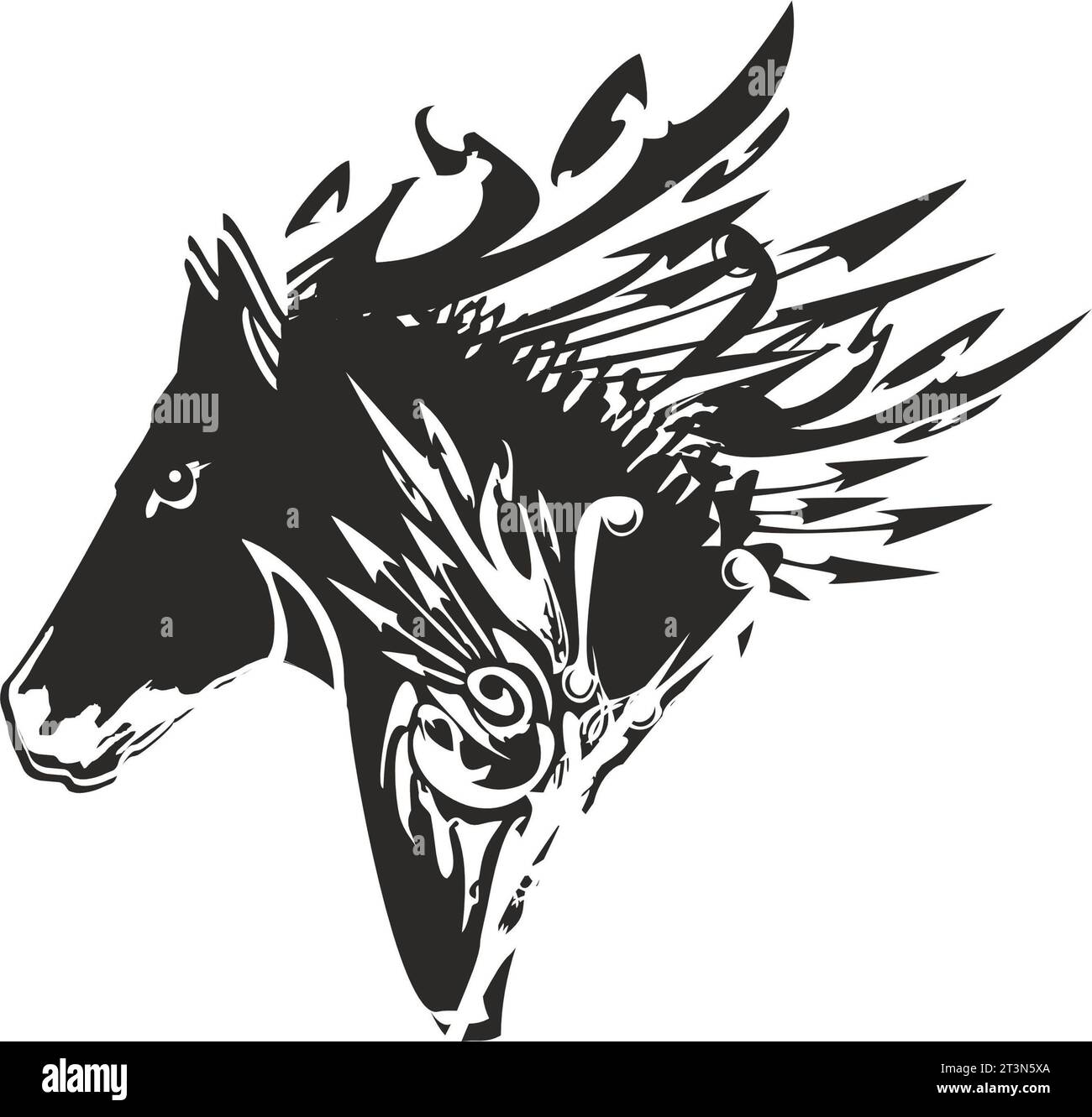 Black-white ornamental horse head for prints on T-shirts or emblems. Horse symbol for business concepts, wallpapers, posters, logos, fashion trends Stock Photo