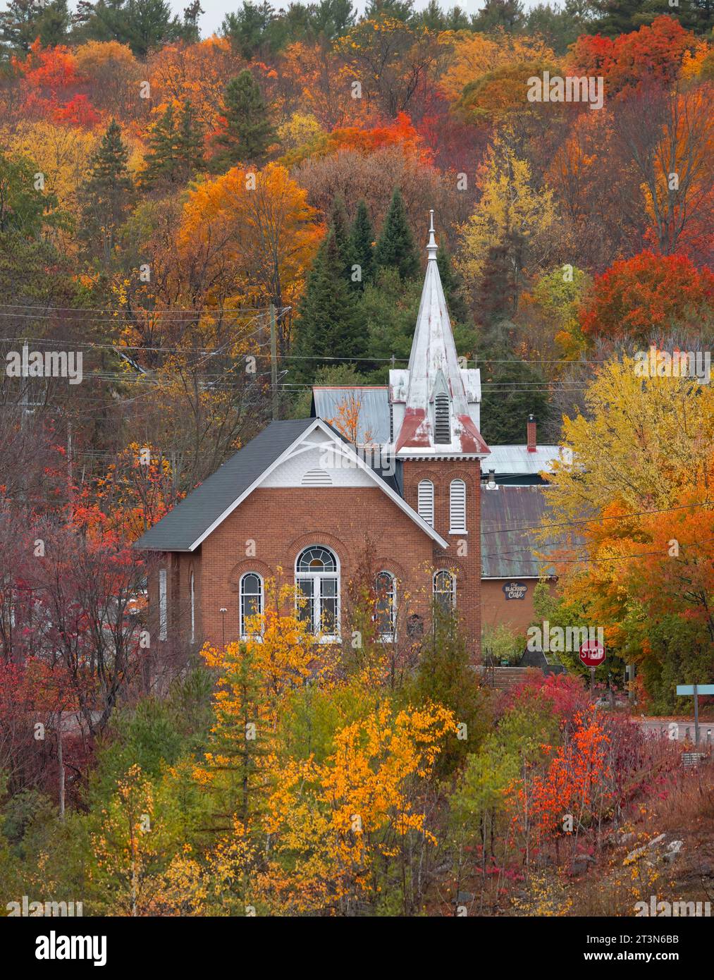 Saint Andrew's United Church in Burnstown, Ontario with coloured leaves in the background on a cool autumn day Stock Photo