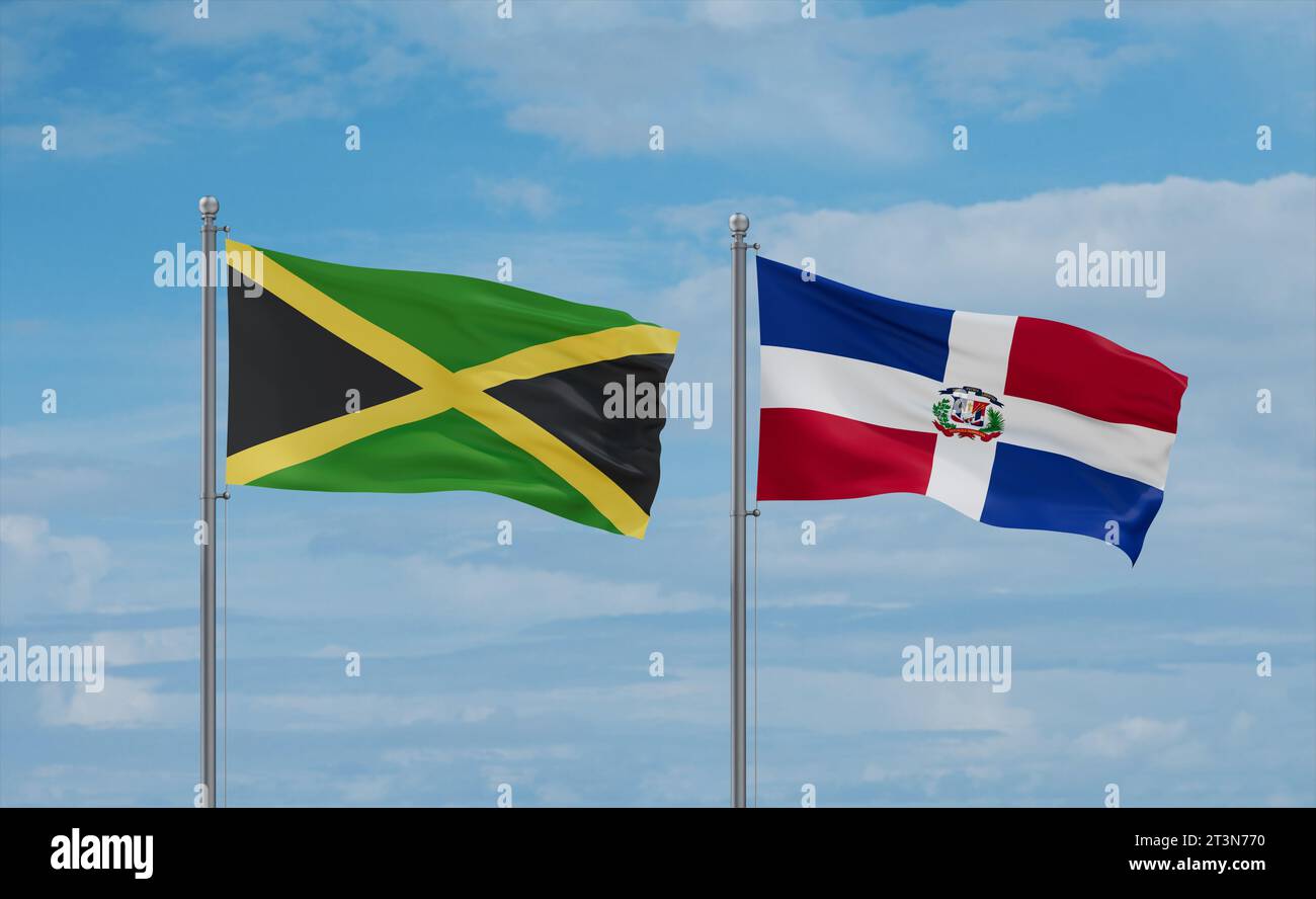 Dominican Republic and Jamaica flags waving together on blue cloudy sky ...