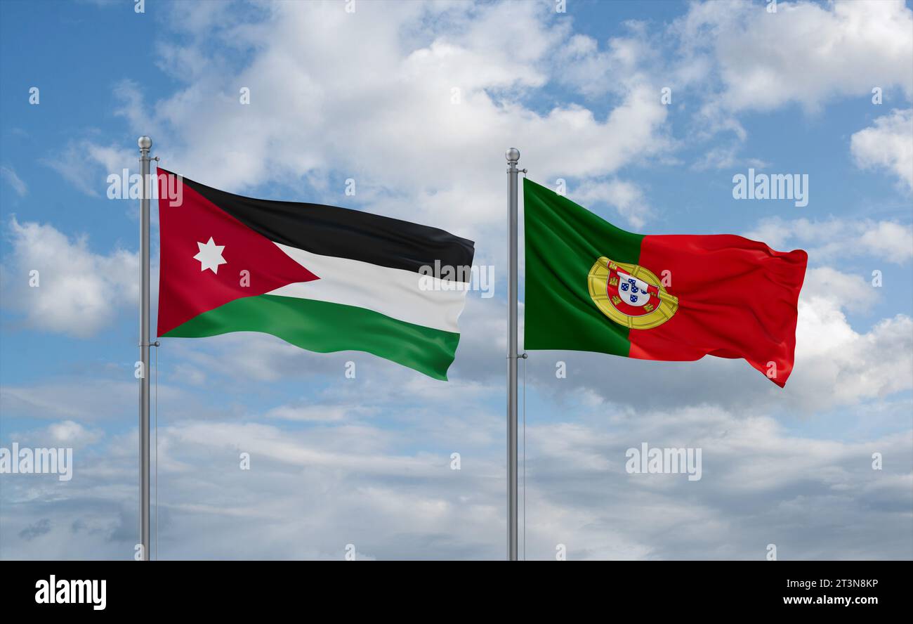 Portugal and Jordan flags waving together in the wind on blue cloudy ...
