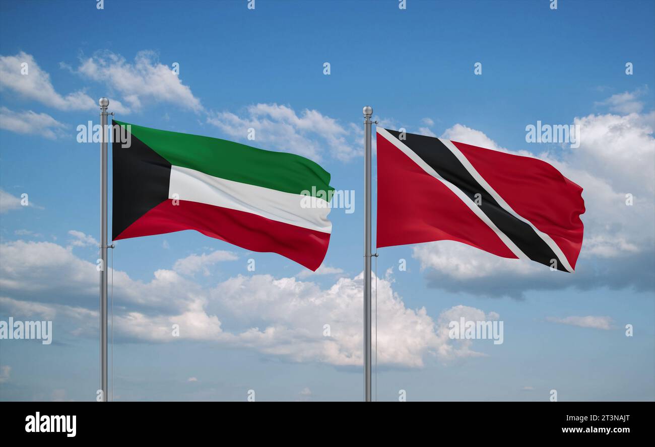Trinidad and Tobago and Kuwait flags waving together in the wind on ...