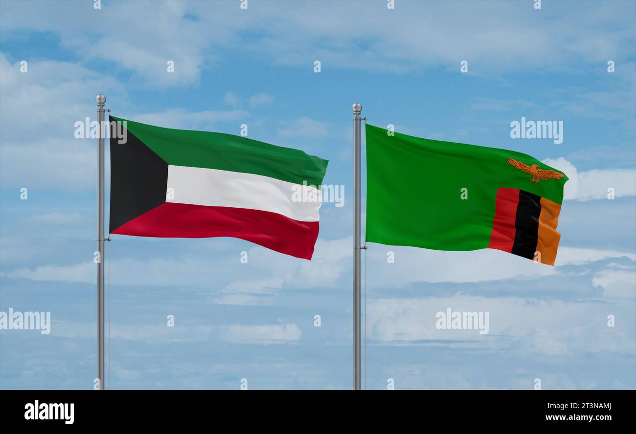 Zambia and Kuwait flags waving together in the wind on blue cloudy sky ...