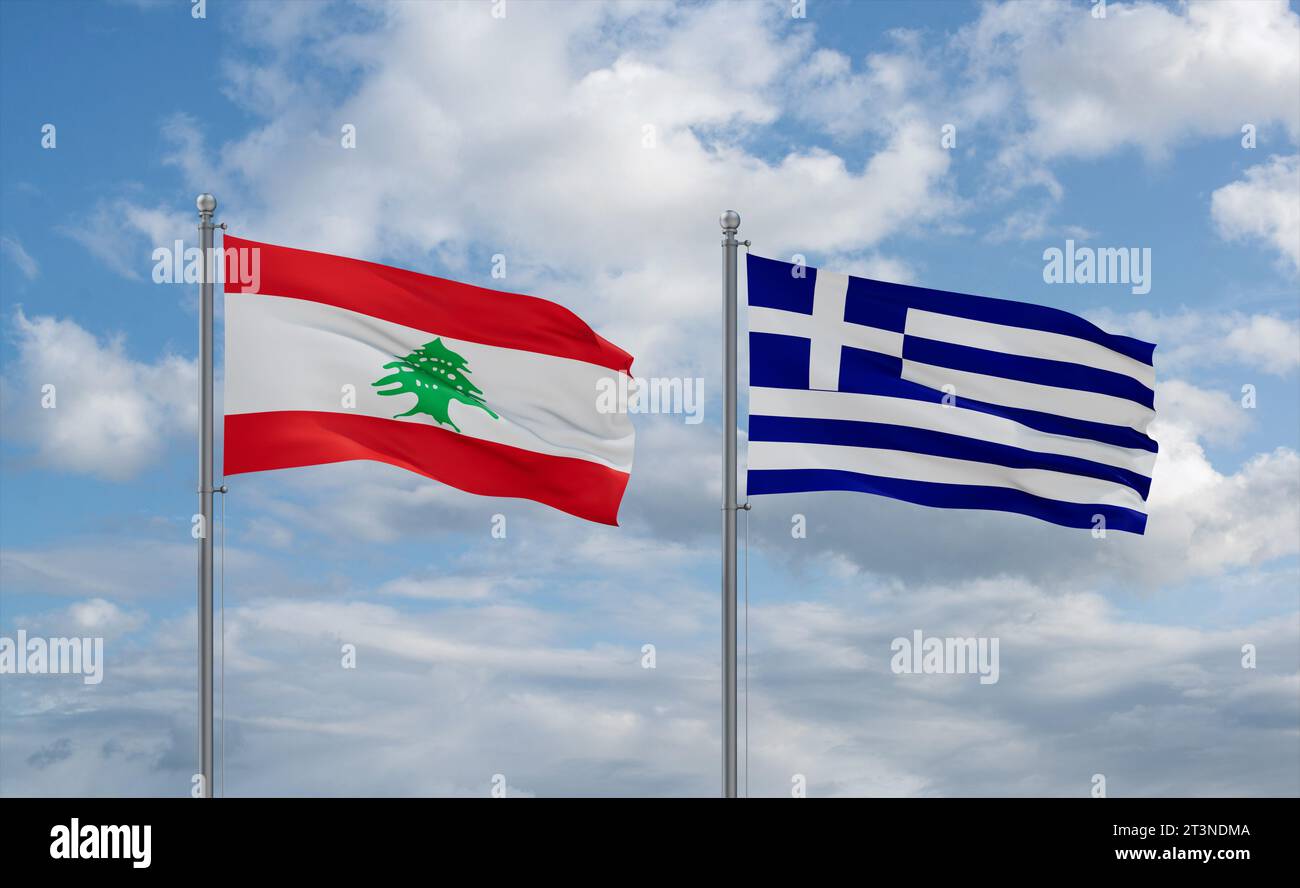 Greece and Lebanon flags waving together on blue cloudy sky, two country relationship concept Stock Photo