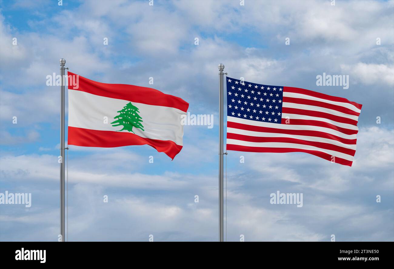 USA And Lebanon Flags Waving Together In The Wind On Blue Cloudy Sky Usa And Lebanon Flags Waving Together In The Wind On Blue Cloudy Sky Two Country Concept 2T3NE50 